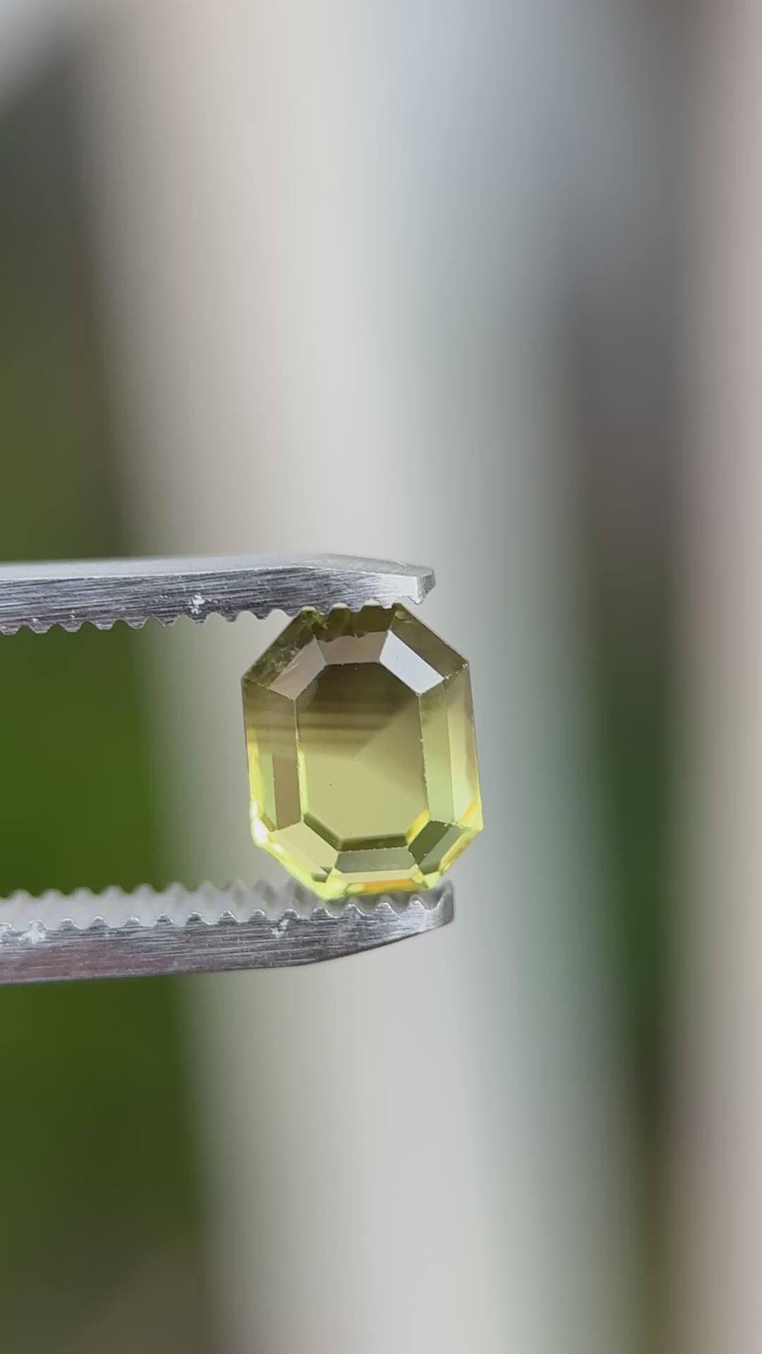 Natural antique emerald cut loose sapphire held in gem tweezers rotating under natural light showing off precision faceting and parti color zoning 