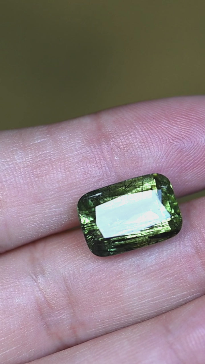 Watch this untreated 10.89 carat Pakistani peridot rotate in natural light, revealing its rich forest-green color, modified radiant cut, and extraordinary natural needle inclusions.