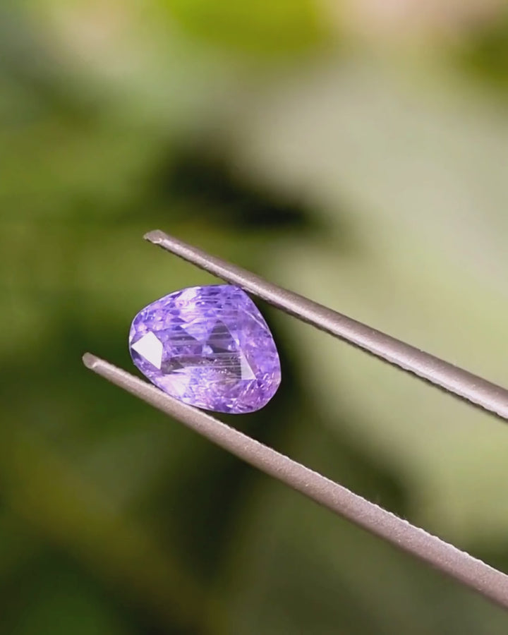 Macro video of 1.29 carat violet and lavender sapphire rotating in tweezers, revealing internal reflections and precise facets of the trilliant modified brilliant cut, unheated sapphire from Umba River, Tanzania.