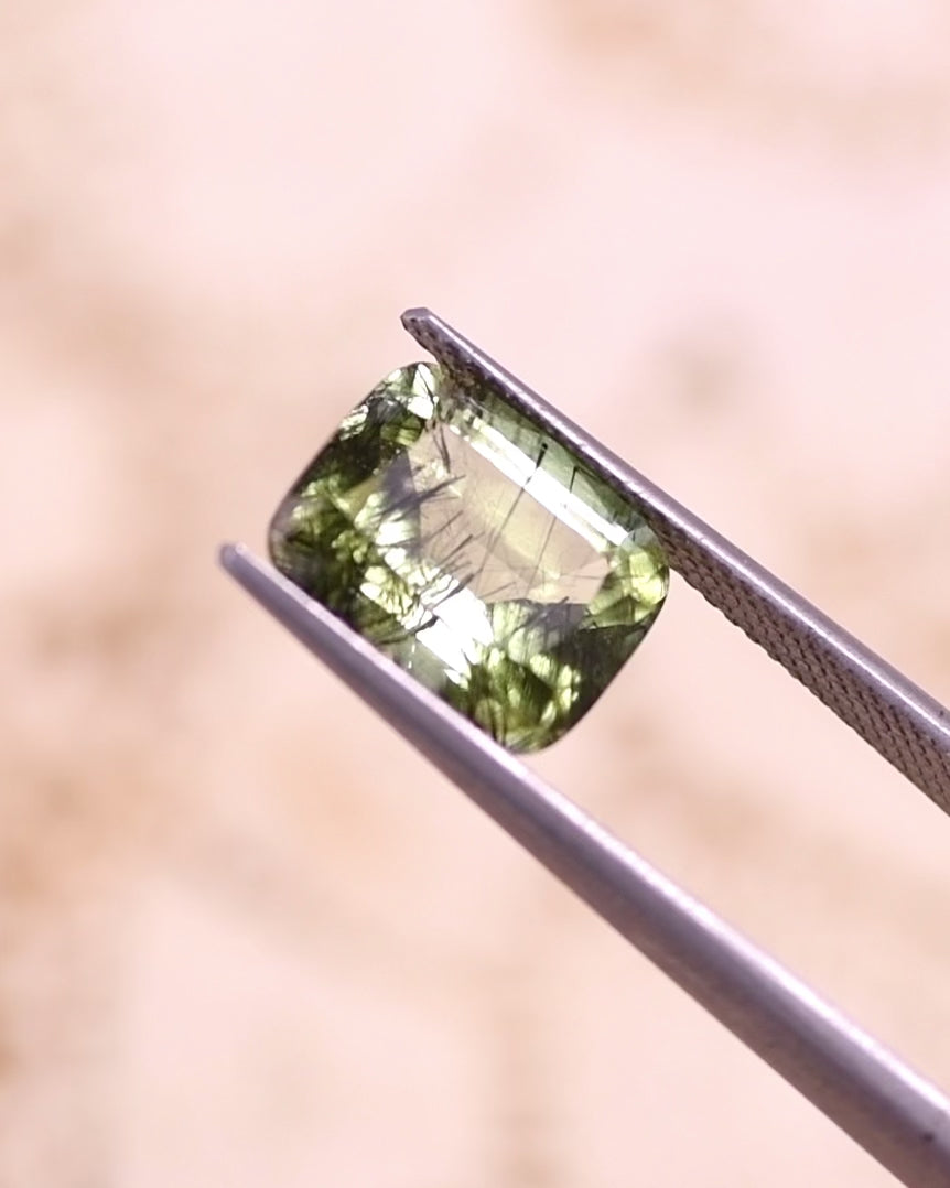 4.76CT Peridot: Green Black Cushion Mix Cut