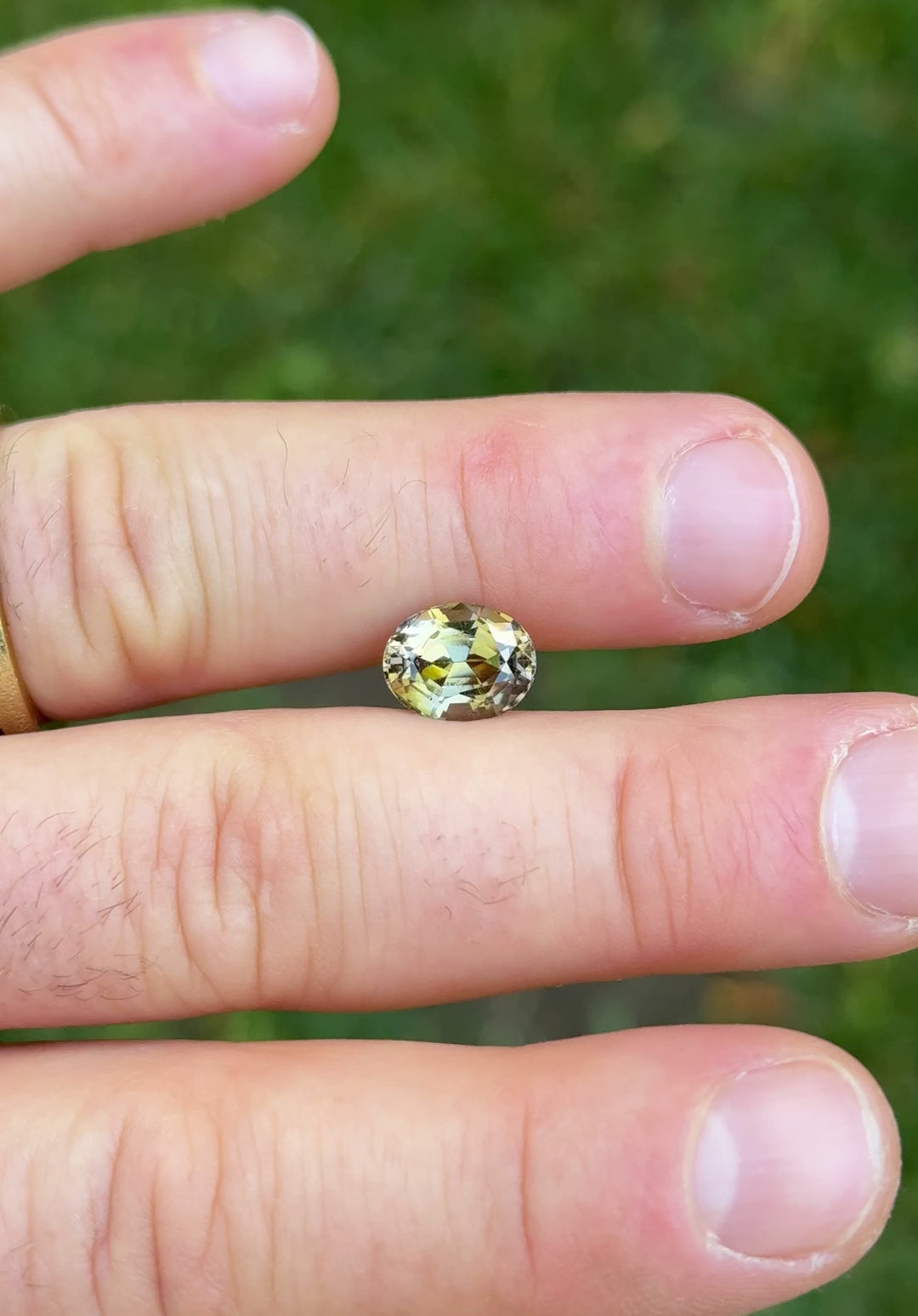 Handheld video of untreated Tanzanite in custom oval cut, highlighting color shifts in outdoor lighting