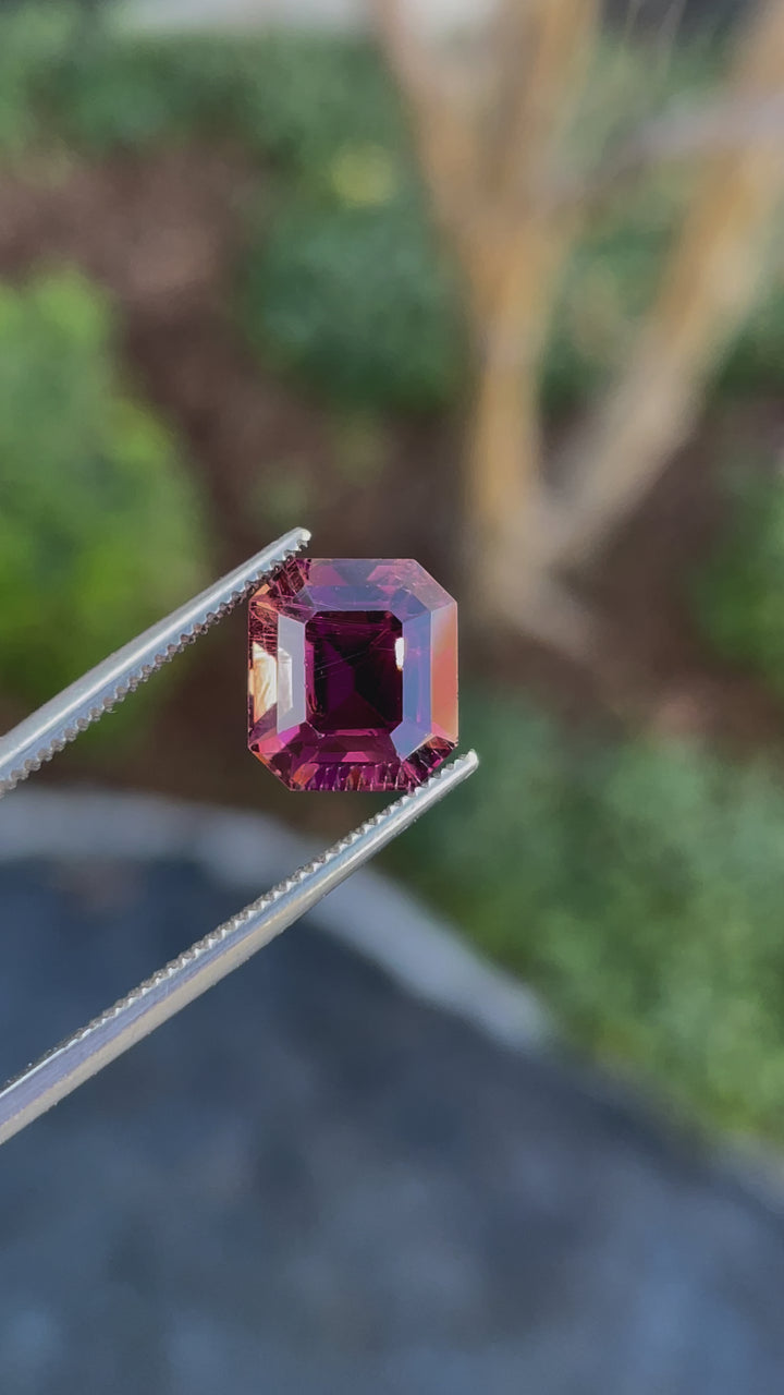 A video of a 4.65-carat emerald-cut tourmaline, displaying its dazzling red, purple, and pink colors under natural light.
