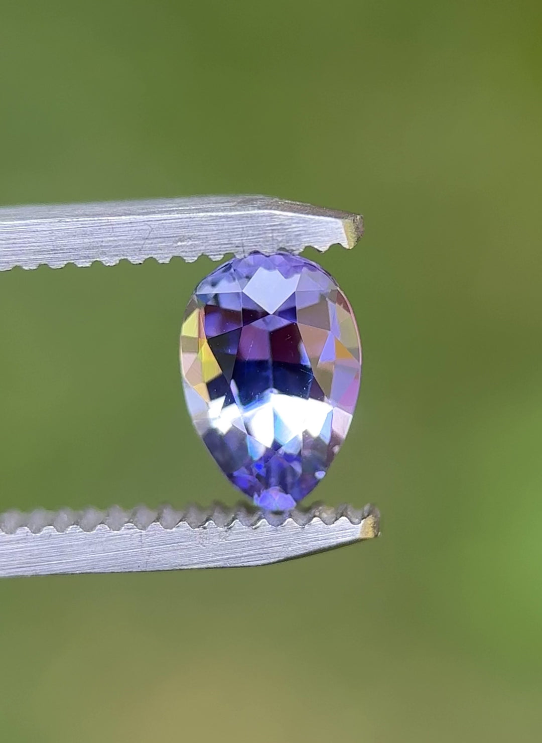 Sparkling 1.40ct untreated Tanzanite held in tweezers, highlighting its poval cut brilliance and dynamic blue-purple hues