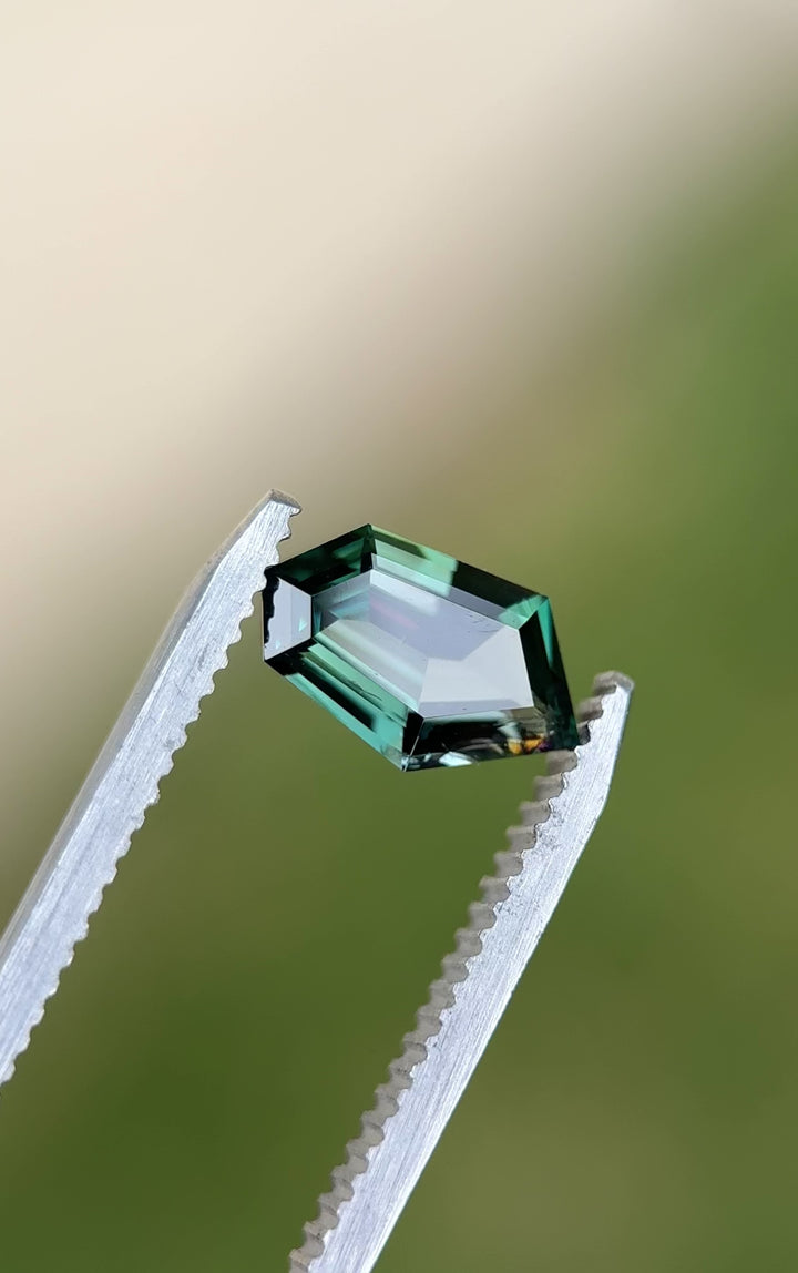 360-degree video of 1.55 carat green Tanzanite gemstone in tweezers, showing off its geometric step cut and color zoning in natural light