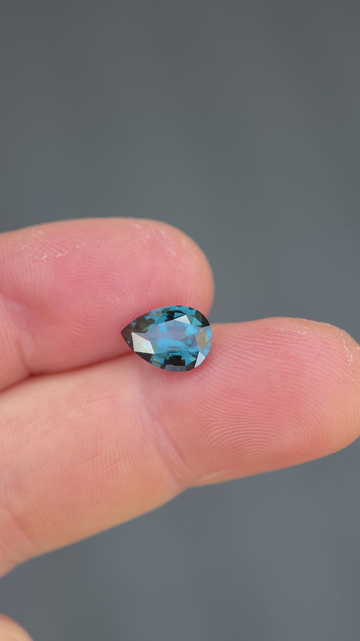2.47CT Spinel: Deep Oceanic Greenish Purplish Blue Color Shift Precision Pear Mixed Cut hand video