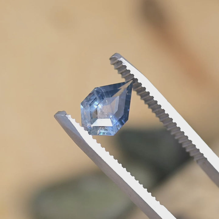 Blue and white shield-cut Montana sapphire held in tweezers under direct light; strong angular reflections across tablet facets with blue flashes intensifying near the pointed edge while white zoning softens the opposite side.