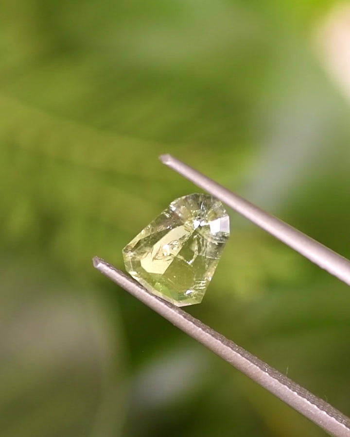 Rotation video of 1.01CT yellow teal and green sapphire held in tweezers, highlighting brilliance and light play across its custom shield portrait cut, natural untreated gemstone from Umba River, Tanzania.