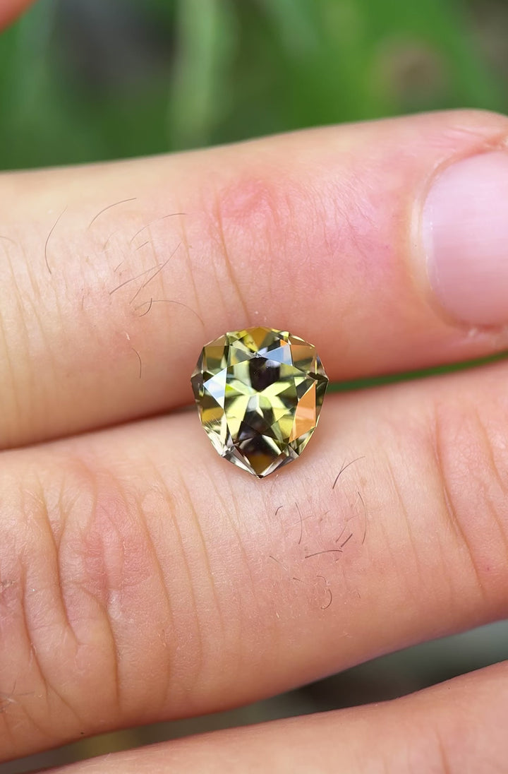 Rotating close-up video of a 3.25-carat custom cut Tanzanite showing golden yellow and lavender reflections. Shot outdoors to capture full brilliance and clarity.
