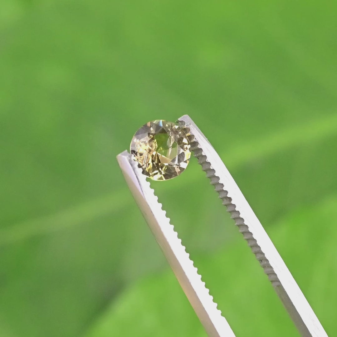 1.04 carat golden orange Tanzanite round custom brilliant cut held in tweezers, slowly turned to highlight pavilion depth, crown facets, and natural Tanzania origin gemstone quality.