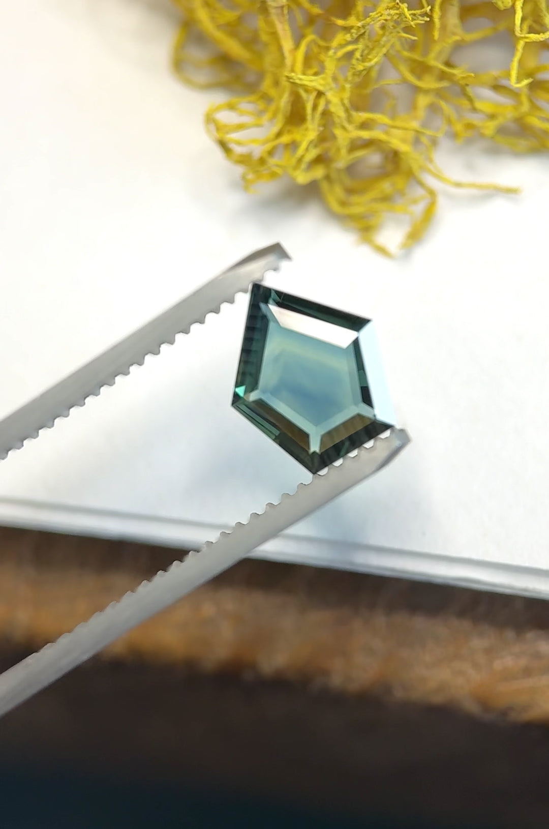 Loose custom shield portrait cut sapphire turning in tweezers, displaying natural blue and teal tones from Gombe, Nigeria.