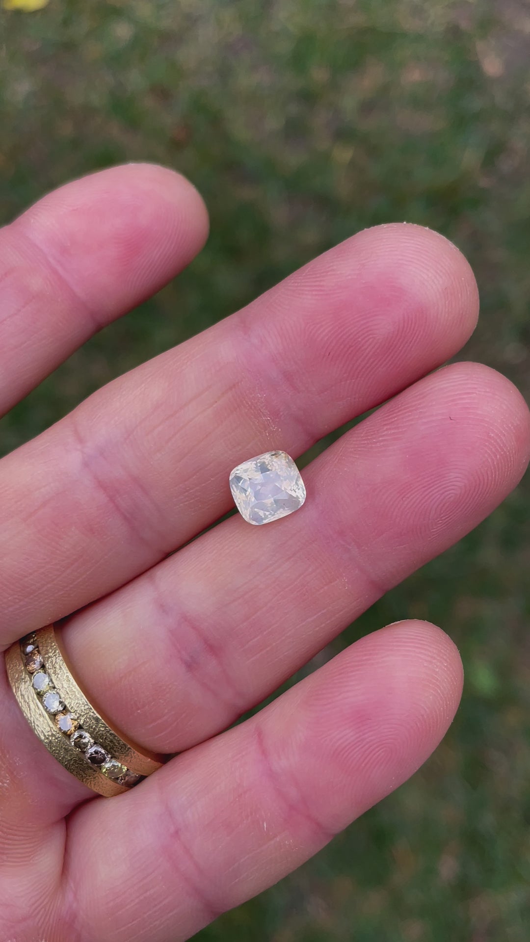 A video of a 2.60-carat opalescent pale yellow cushion-cut sapphire held in hand, showing its natural glow, depth, and sparkle as it moves in natural light.