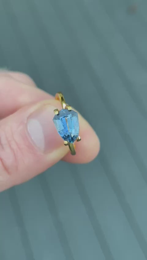 Video showcasing a 1.53-carat custom shield step cut sapphire from Tanzania, rotating to highlight its stunning parti coloration and flawless clarity.